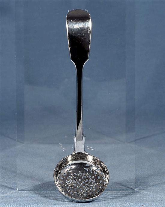 An early Victorian silver fiddle pattern sifter spoon, by John Harris IV & 2 others, 111 grams.